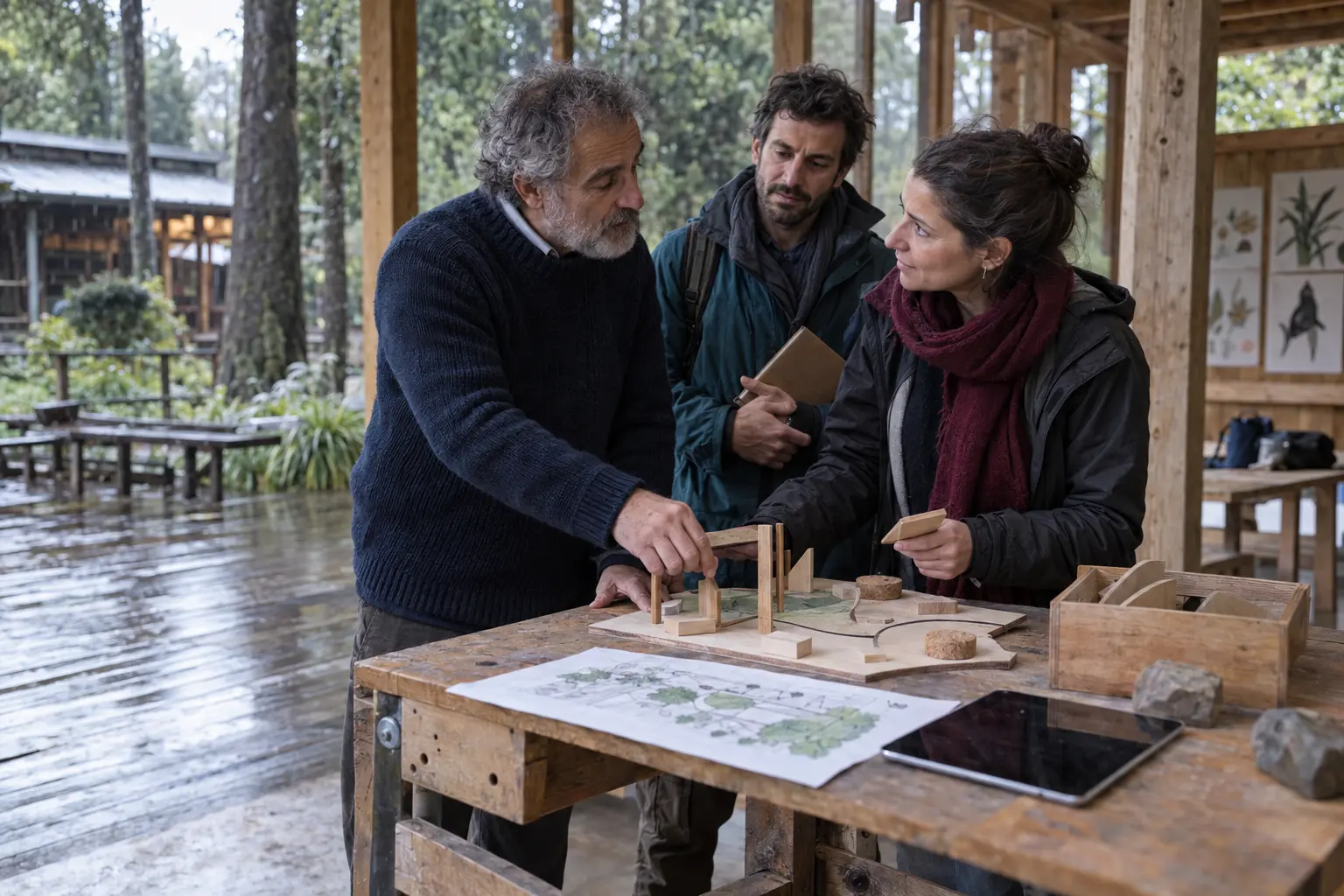 Personas explorando materiales de aprendizaje junto a un jardín