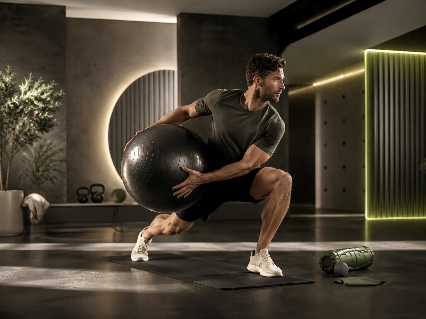 Persona entrenando con balón de estabilidad en un estudio contemporáneo